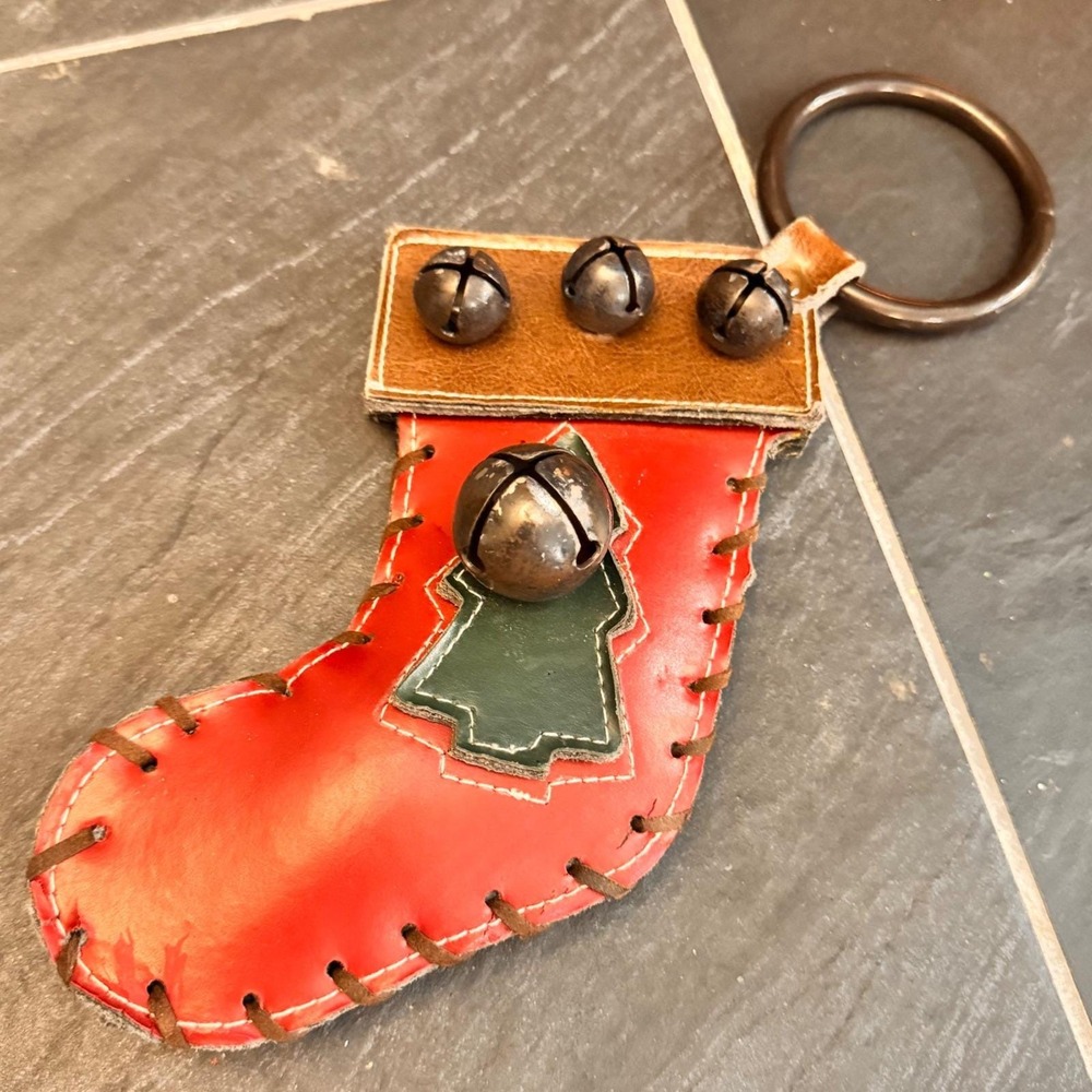 Vintage Thick Leather Christmas Stocking Door Hanger Jingle Bells Rustic Decor